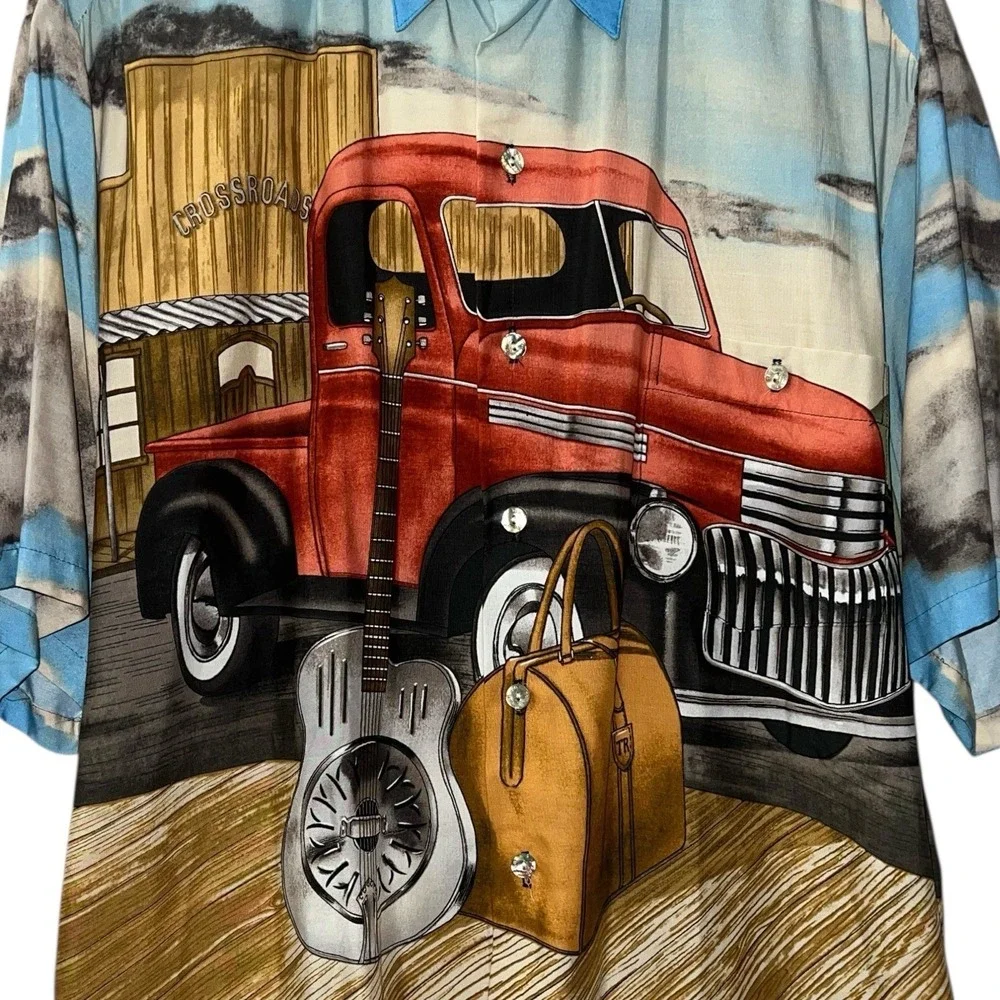Tori Richard Mens Crossroads Red Truck Guitar‎ Rare Button Down Shirt Blue M